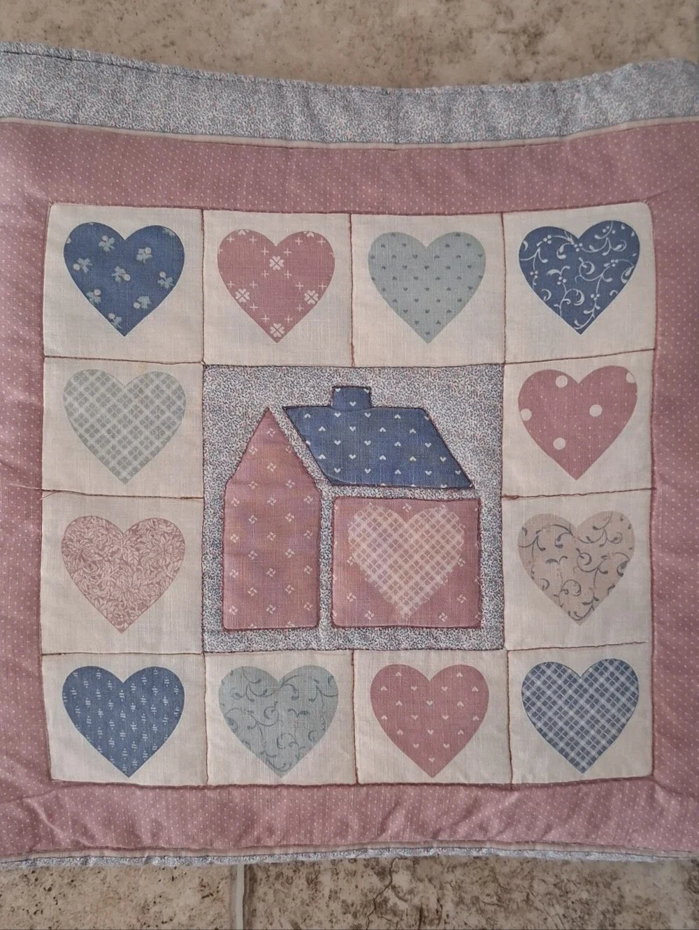 Vintage Quillow Handmade Pillow Lap Quilt 90s Cottagecore Hearts Houses Grandma